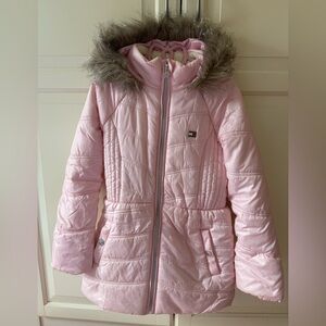 Pink puffer coat with faux fur